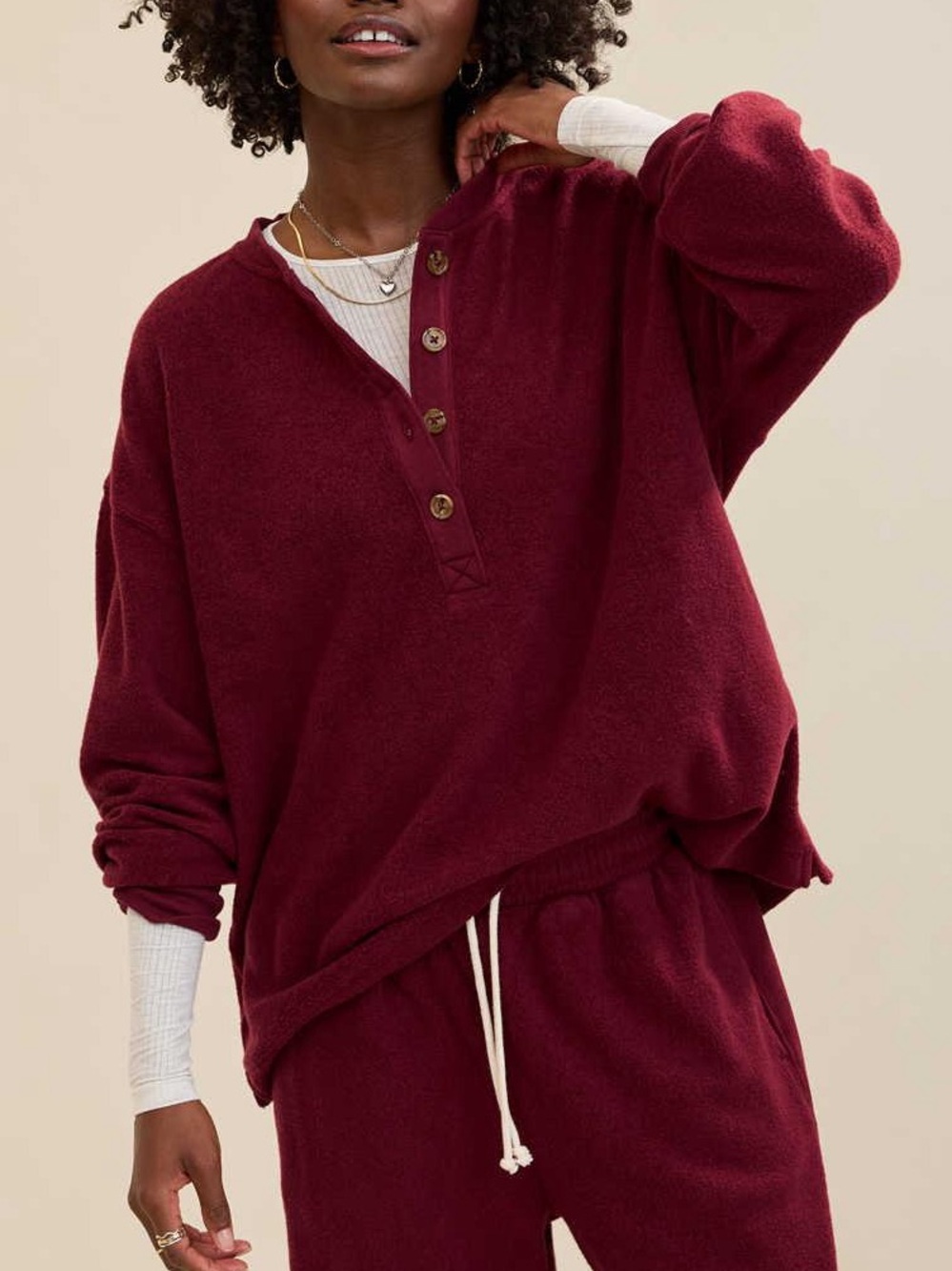 Aerie Deep Red Sherpa Henley Sweatshirt